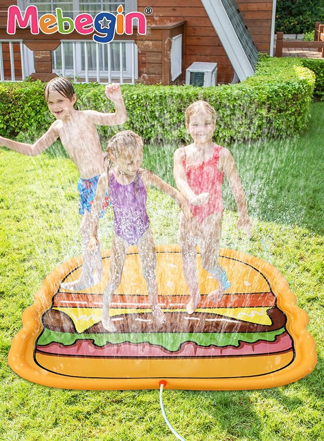 Hamburger Shape Water Mat, Non-Slip Splash Pad for Kids and Pets, Foldable Splash Pad, Inflatable Sprinkle and Splash Water Play Mat, Summer Spray Inflatable Water Toy, Suitable for Lawns, Gardens, Swimming Pools and Parties, 170*170cm