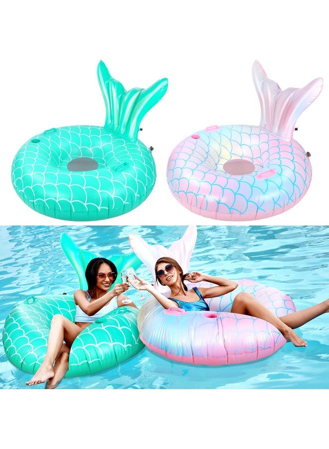 2 Pcs Mermaid Pool Float 43.3 Inch Mermaid Tail Pool Inflatables Float Adults Swimming Pool Raft With Cup Holder Backrest Mesh Bottom For People Over 8 Years Lounge Floaty Chair