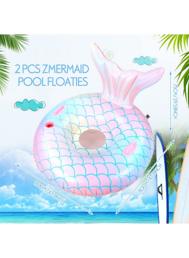 2 Pcs Mermaid Pool Float 43.3 Inch Mermaid Tail Pool Inflatables Float Adults Swimming Pool Raft With Cup Holder Backrest Mesh Bottom For People Over 8 Years Lounge Floaty Chair