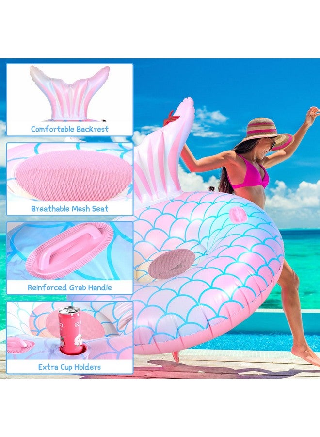 2 Pcs Mermaid Pool Float 43.3 Inch Mermaid Tail Pool Inflatables Float Adults Swimming Pool Raft With Cup Holder Backrest Mesh Bottom For People Over 8 Years Lounge Floaty Chair