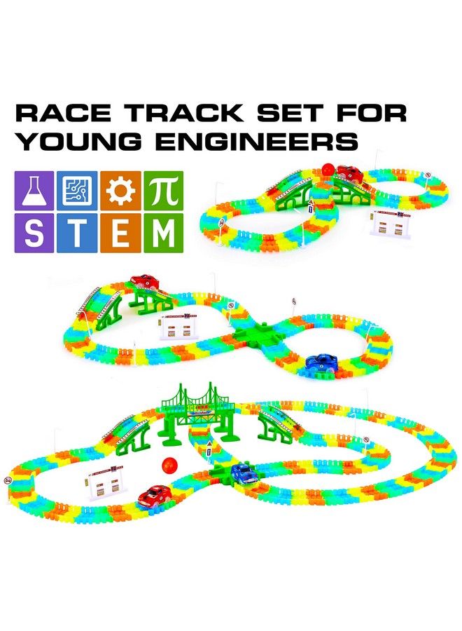 Glow Race Tracks And Led Toy Cars 360Pk Glow In The Dark Bendable Rainbow Race Track Set Stem Building Toys For Boys And Girls With 2 Light Up Toy Cars