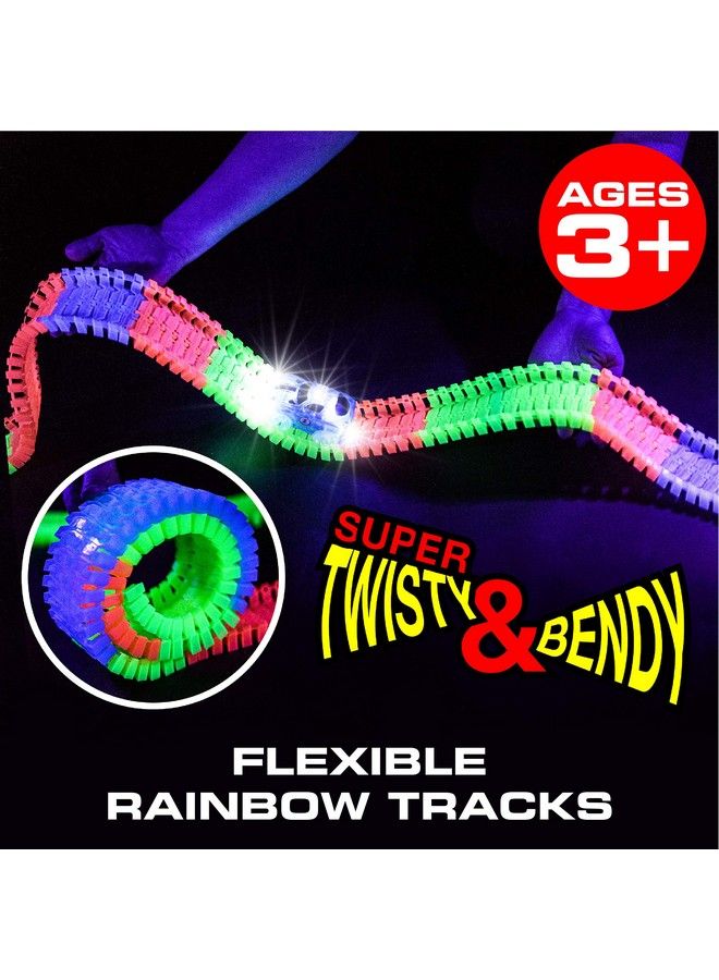 Glow Race Tracks And Led Toy Cars 360Pk Glow In The Dark Bendable Rainbow Race Track Set Stem Building Toys For Boys And Girls With 2 Light Up Toy Cars