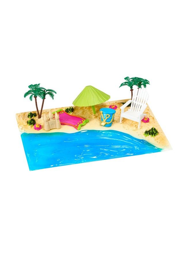 Decoset® Beach Chair And Umbrella Tropical Beach Cake Decoration, 6 Piece Cake Topper Set, Palm Trees, Deck Chair, Beach Umbrella, Sand Castle And Bucket, Food Safe,