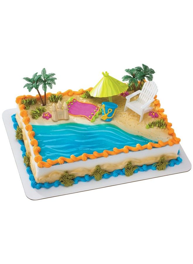 Decoset® Beach Chair And Umbrella Tropical Beach Cake Decoration, 6 Piece Cake Topper Set, Palm Trees, Deck Chair, Beach Umbrella, Sand Castle And Bucket, Food Safe,