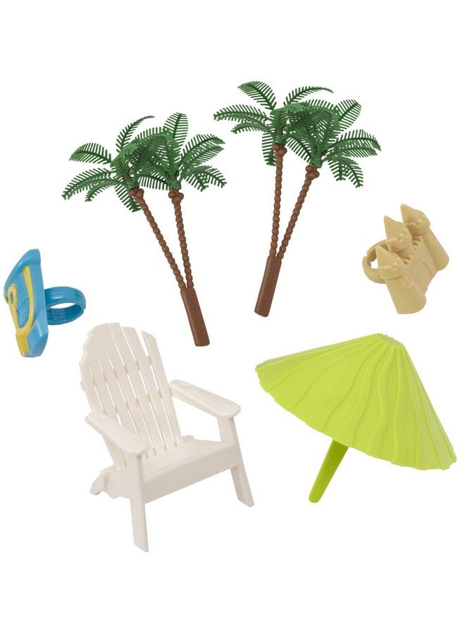 Decoset® Beach Chair And Umbrella Tropical Beach Cake Decoration, 6 Piece Cake Topper Set, Palm Trees, Deck Chair, Beach Umbrella, Sand Castle And Bucket, Food Safe,