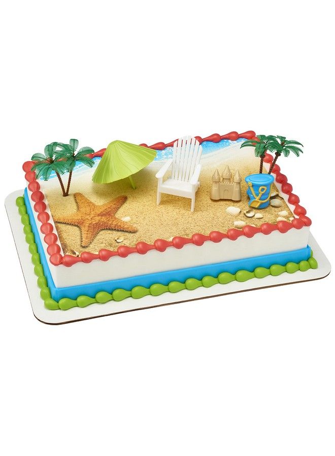 Decoset® Beach Chair And Umbrella Tropical Beach Cake Decoration, 6 Piece Cake Topper Set, Palm Trees, Deck Chair, Beach Umbrella, Sand Castle And Bucket, Food Safe,