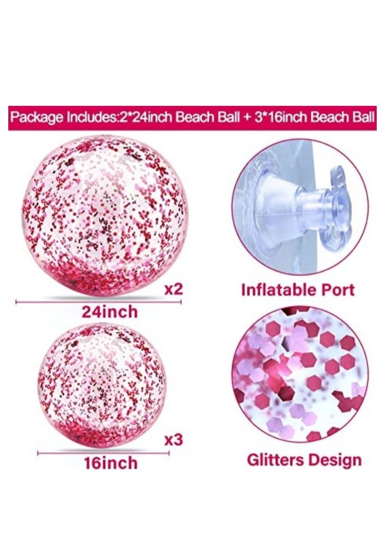 5 Pack Sequins Beach Ball 24 Inch 16 Inch Jumbo Pool Toys Balls Giant Confetti Glitters Inflatable Clear Beach Ball Swimming Pool Water Beach Toys Outdoor Summer Party Favors for Kids Adults