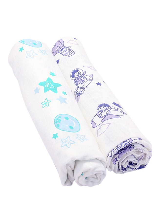 Organic Cotton Muslin Baby Wrap Swaddle With Sky Theme Of Moon And Parachute, Pack Of 2