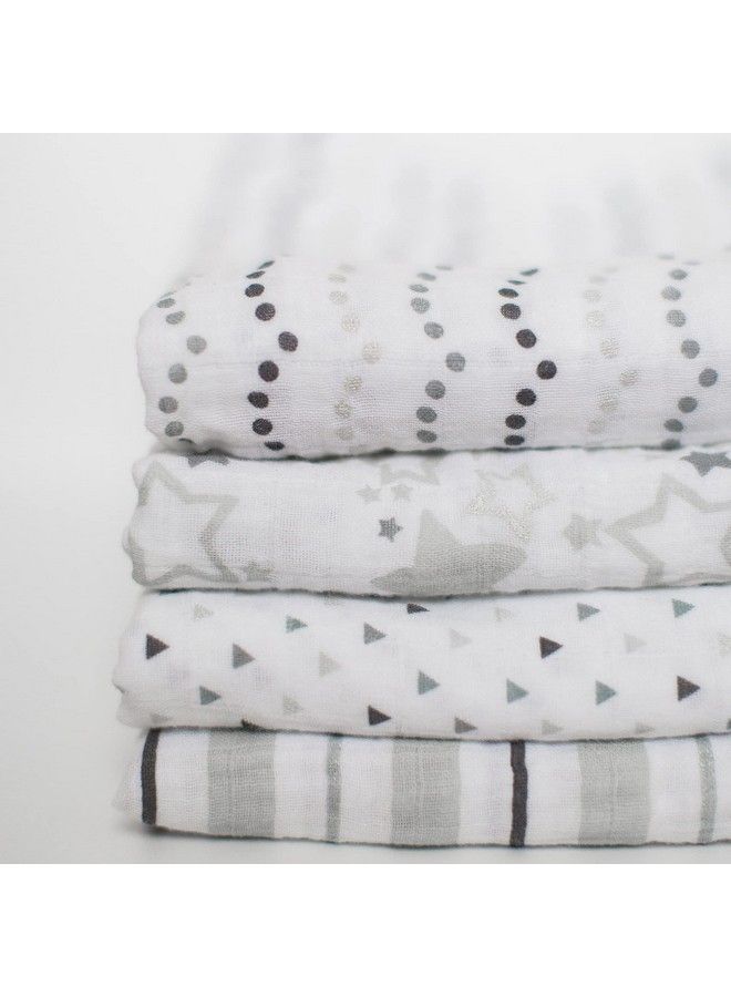 Cotton Muslin Swaddle Blankets Set Of 4 Receiving Blankets For Baby Boys & Girls Best Shower Gift 46X46 Inches Sterling Starshine & Dots