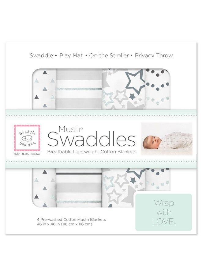 Cotton Muslin Swaddle Blankets Set Of 4 Receiving Blankets For Baby Boys & Girls Best Shower Gift 46X46 Inches Sterling Starshine & Dots