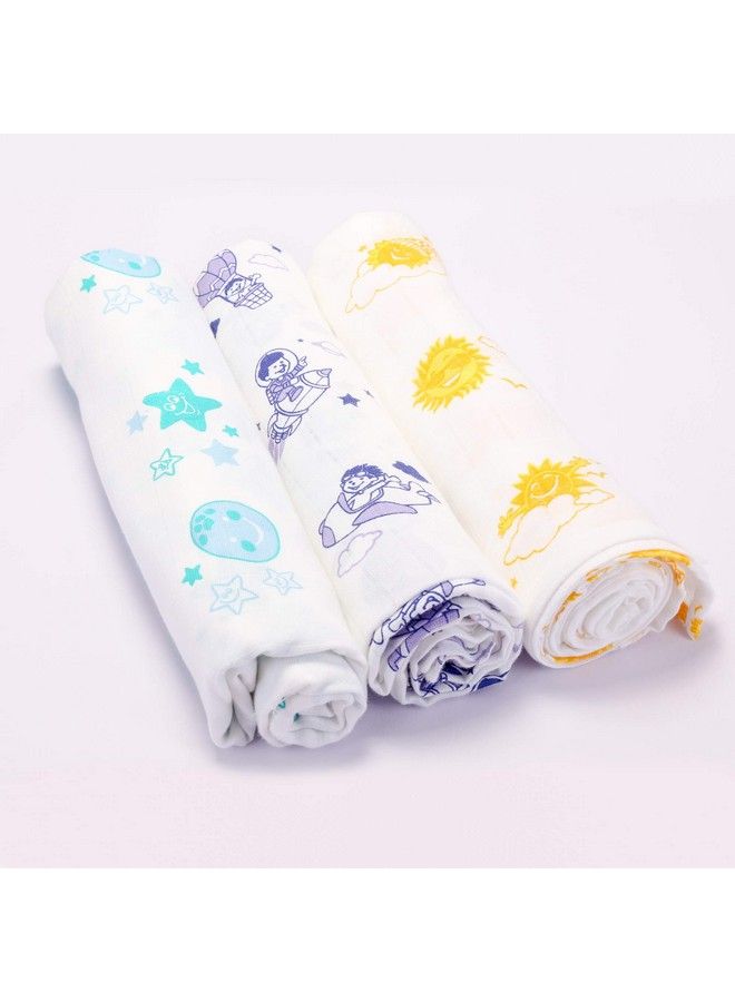 Newborn Baby Girl'S Infant Boy'S Super Soft Premium Pure Organic Cotton Comfortable Muslin Swaddle Receiving Blankets Wrapper Cloth Towel Stroller Cover Sky Pack Of 3 Multicolor 100X100 Cm