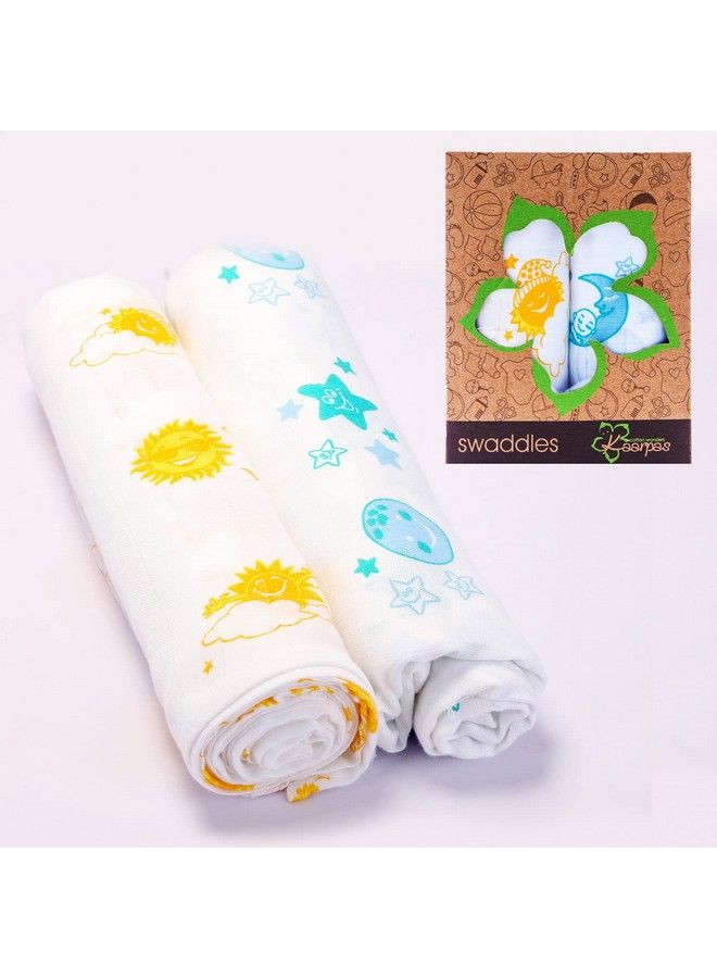 Newborn Baby Girl'S Infant Boy'S Super Soft Premium Pure Organic Cotton Comfortable Muslin Swaddle Receiving Blankets Wrapper Cloth Towel Stroller Cover Sky Pack Of 2 Multicolor 100X100 Cm