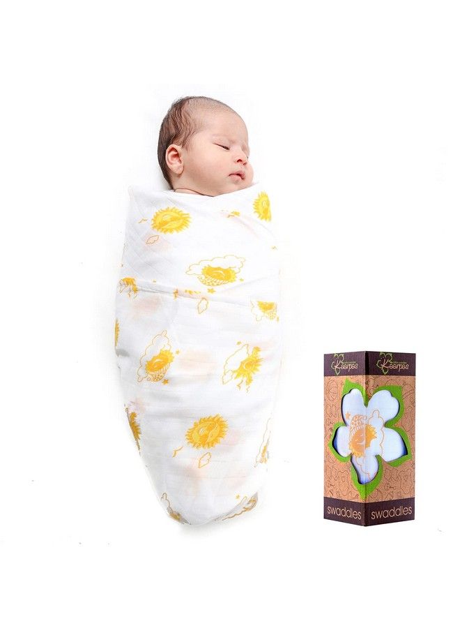 Newborn Baby Girl'S Infant Boy'S Super Soft Premium Pure Organic Cotton Comfortable Muslin Swaddle Receiving Blankets Wrapper Cloth Towel Stroller Cover Sun Print Pack Of 1 Yellow 120X120 Cm