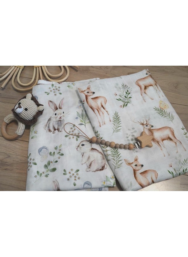 Muslin Swaddle Blankets Neutral Woodland Baby Swaddling Wrap Nursery Receiving Blanket For Boys & Girls Unisex Soft Bamboo Cotton Large 47 X 47 Inches (Rabbit & Deer)