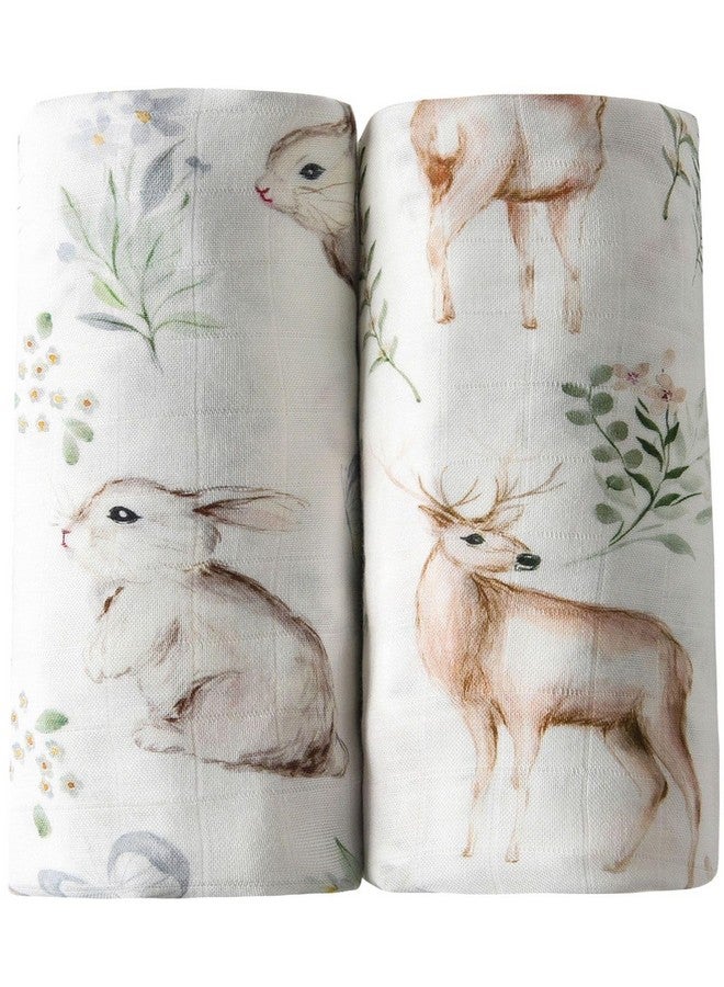 Muslin Swaddle Blankets Neutral Woodland Baby Swaddling Wrap Nursery Receiving Blanket For Boys & Girls Unisex Soft Bamboo Cotton Large 47 X 47 Inches (Rabbit & Deer)