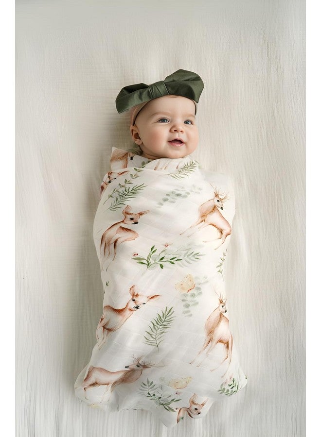 Muslin Swaddle Blankets Neutral Woodland Baby Swaddling Wrap Nursery Receiving Blanket For Boys & Girls Unisex Soft Bamboo Cotton Large 47 X 47 Inches (Rabbit & Deer)