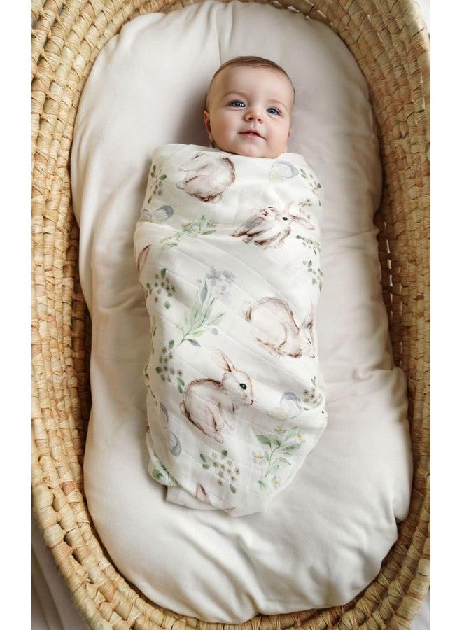 Muslin Swaddle Blankets Neutral Woodland Baby Swaddling Wrap Nursery Receiving Blanket For Boys & Girls Unisex Soft Bamboo Cotton Large 47 X 47 Inches (Rabbit & Deer)