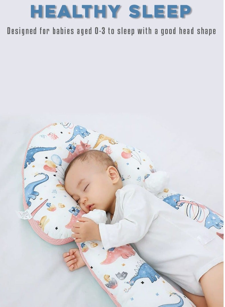 Baby Head Shaping Pillow Flat Head Pillow with Adjustable Height in Dino Theme Pink