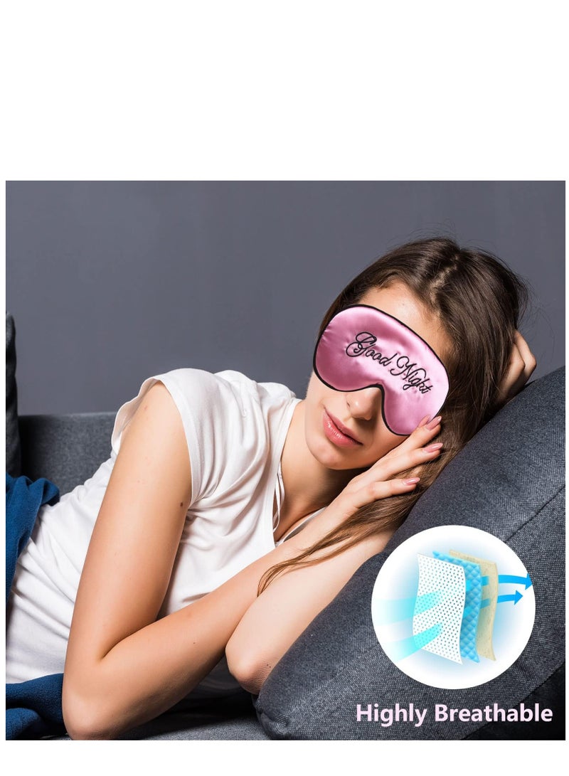 Eye Mask for Sleeping, Silk Sleep Mask with Adjustable Strap Soft and Breathable Blackout Blindfold Night Eye Shade Cover for Travel, Lunch Breaks (Black +Pink)