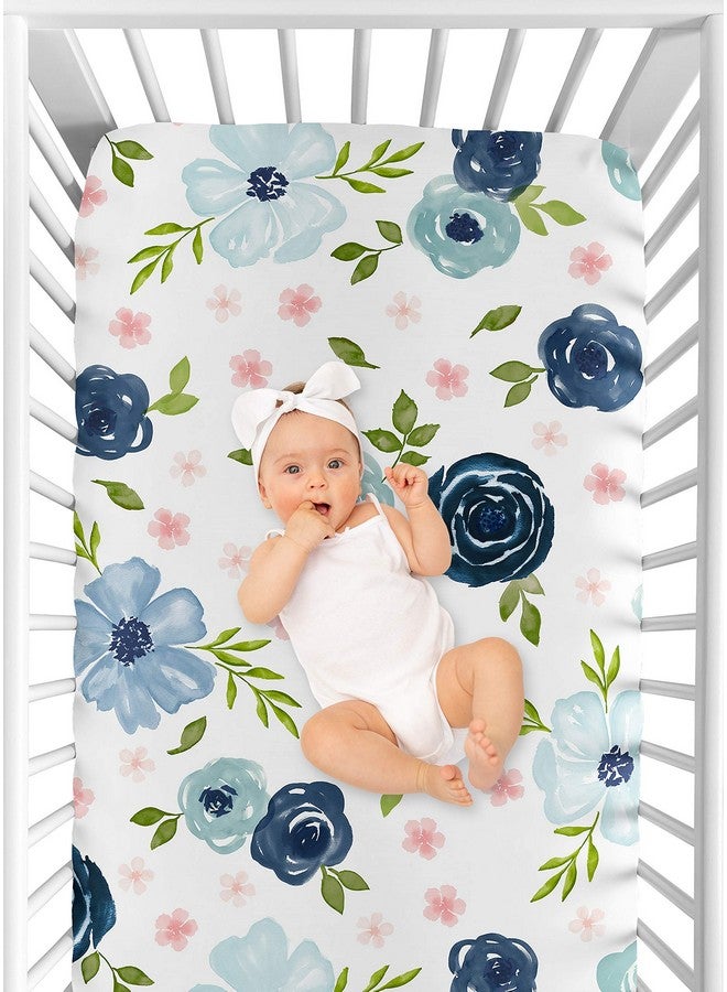 Navy Blue And Pink Watercolor Floral Girl Fitted Crib Sheet Baby Or Toddler Bed Nursery Blush Green And White Shabby Chic Rose Flower