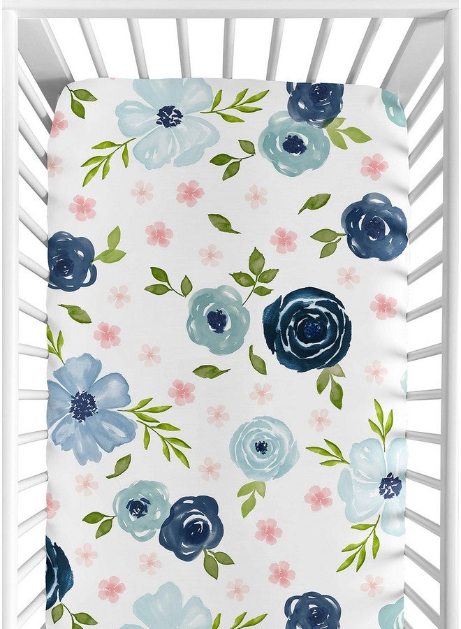 Navy Blue And Pink Watercolor Floral Girl Fitted Crib Sheet Baby Or Toddler Bed Nursery Blush Green And White Shabby Chic Rose Flower