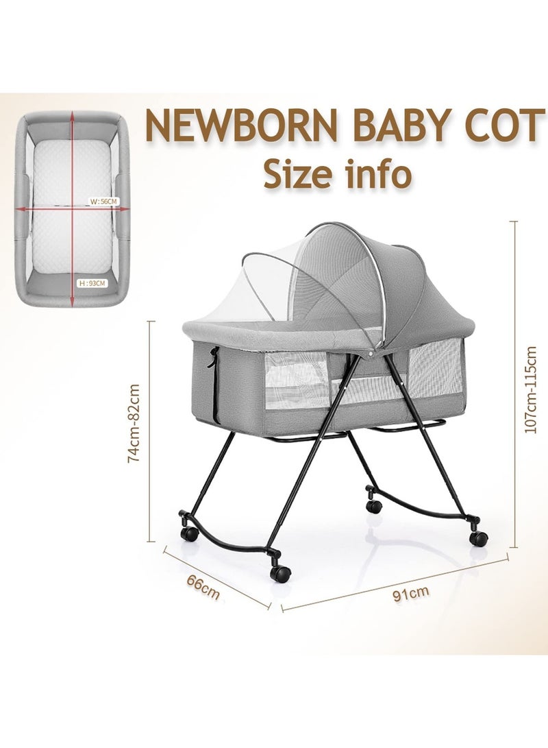 3 in 1 Portable Baby Bassinets Rocking Cradle Bed Bedside Sleeper Crib with Breathable Net and Mattress