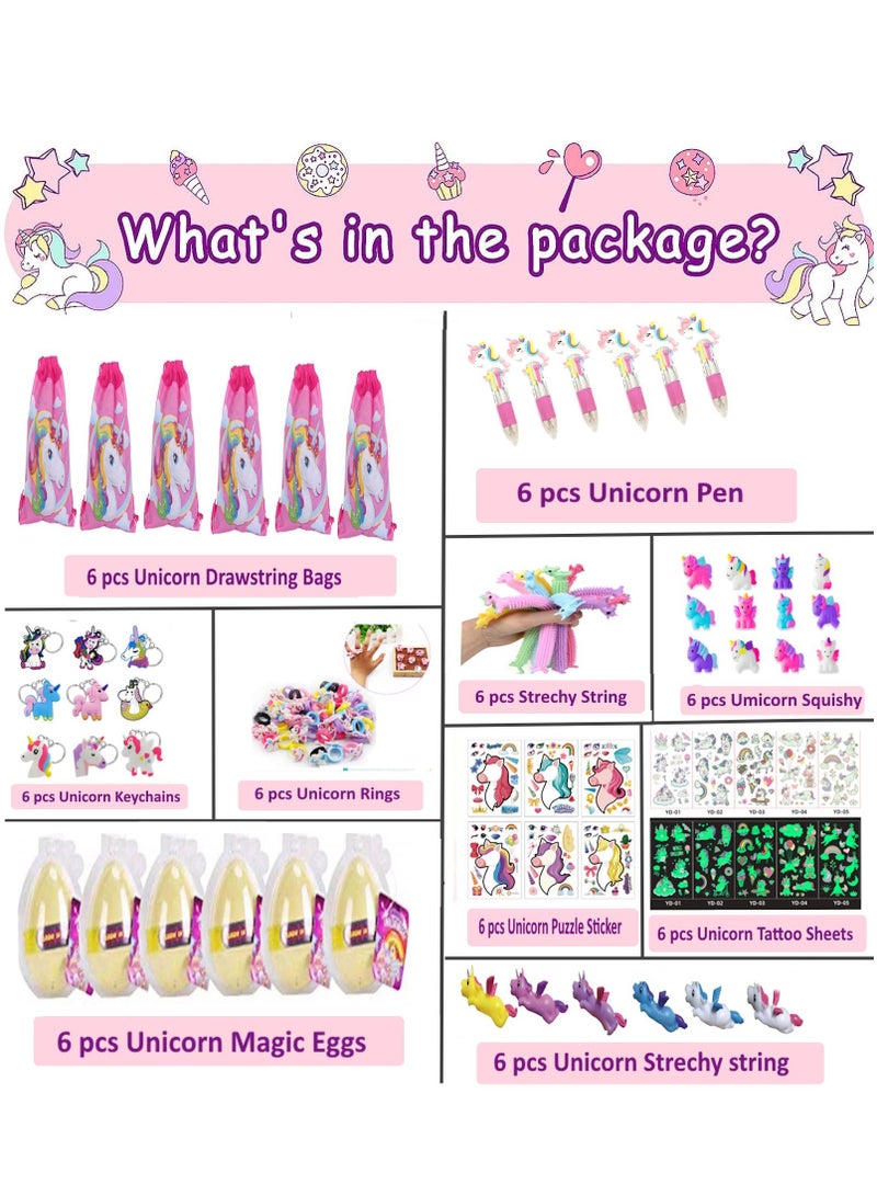 Unicorn Party Favors for Kids Drawstring Gift Bags Keychains Rings Squishy Eggs Slingshots String Puzzle Pen Tattoo Birthday Party Goodie Bags Fillers (66pcs)