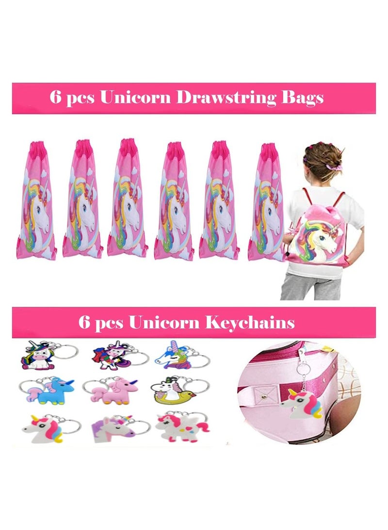 Unicorn Party Favors for Kids Drawstring Gift Bags Keychains Rings Squishy Eggs Slingshots String Puzzle Pen Tattoo Birthday Party Goodie Bags Fillers (66pcs)