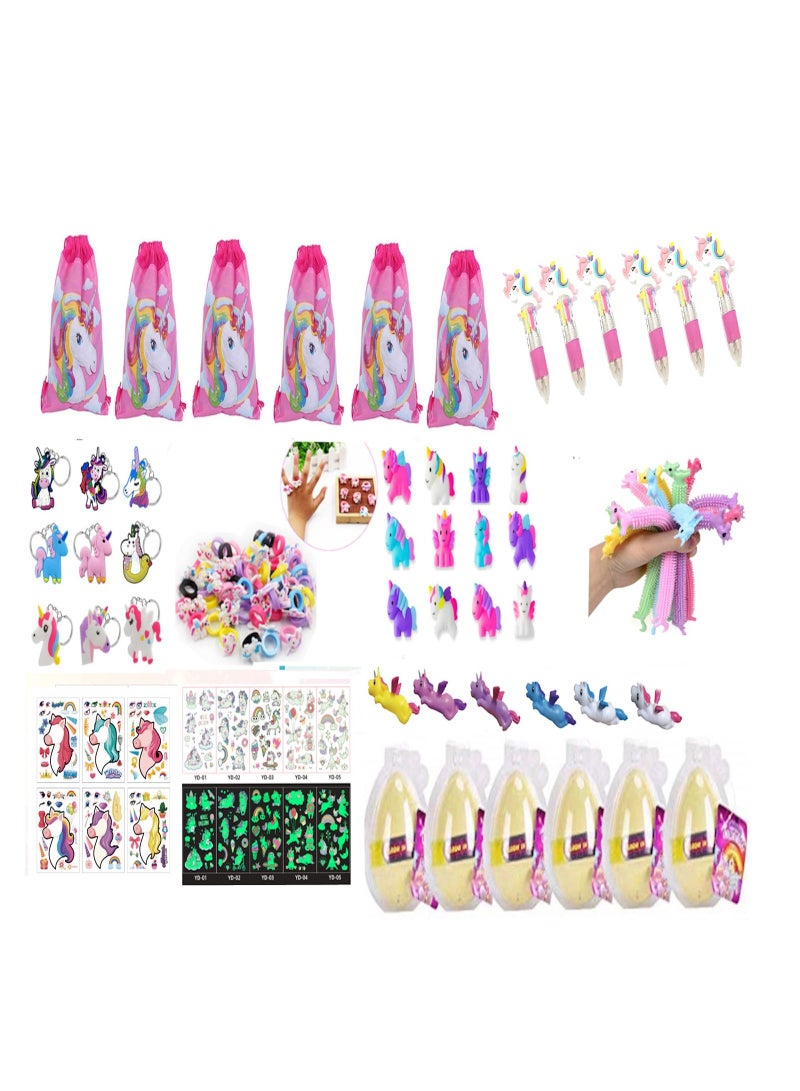 Unicorn Party Favors for Kids Drawstring Gift Bags Keychains Rings Squishy Eggs Slingshots String Puzzle Pen Tattoo Birthday Party Goodie Bags Fillers (66pcs)