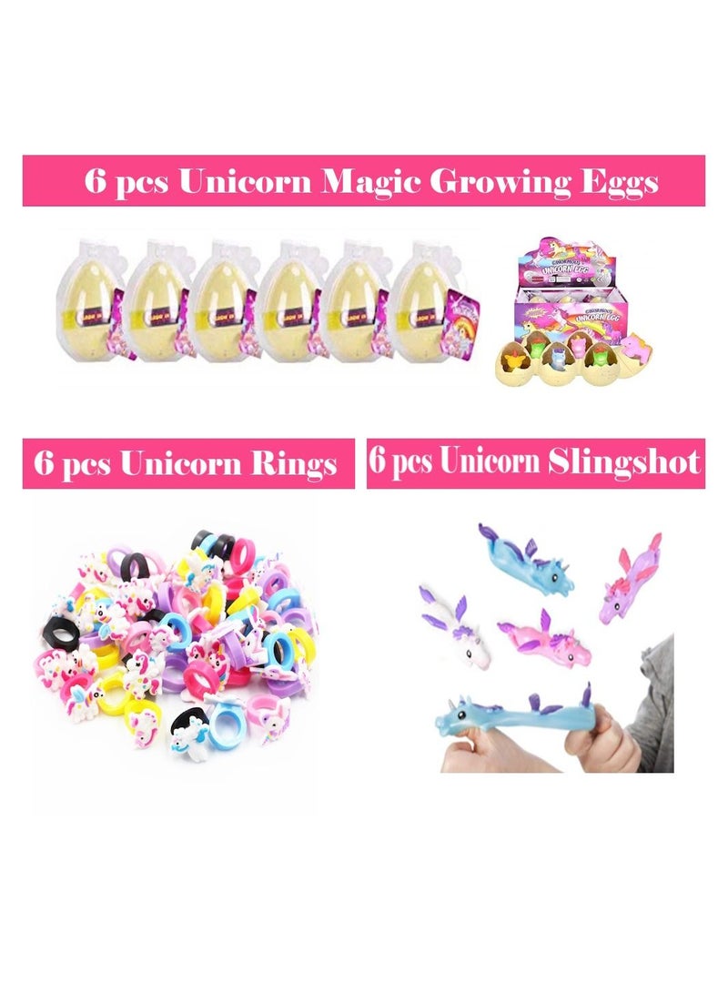 Unicorn Party Favors for Kids Drawstring Gift Bags Keychains Rings Squishy Eggs Slingshots String Puzzle Pen Tattoo Birthday Party Goodie Bags Fillers (66pcs)