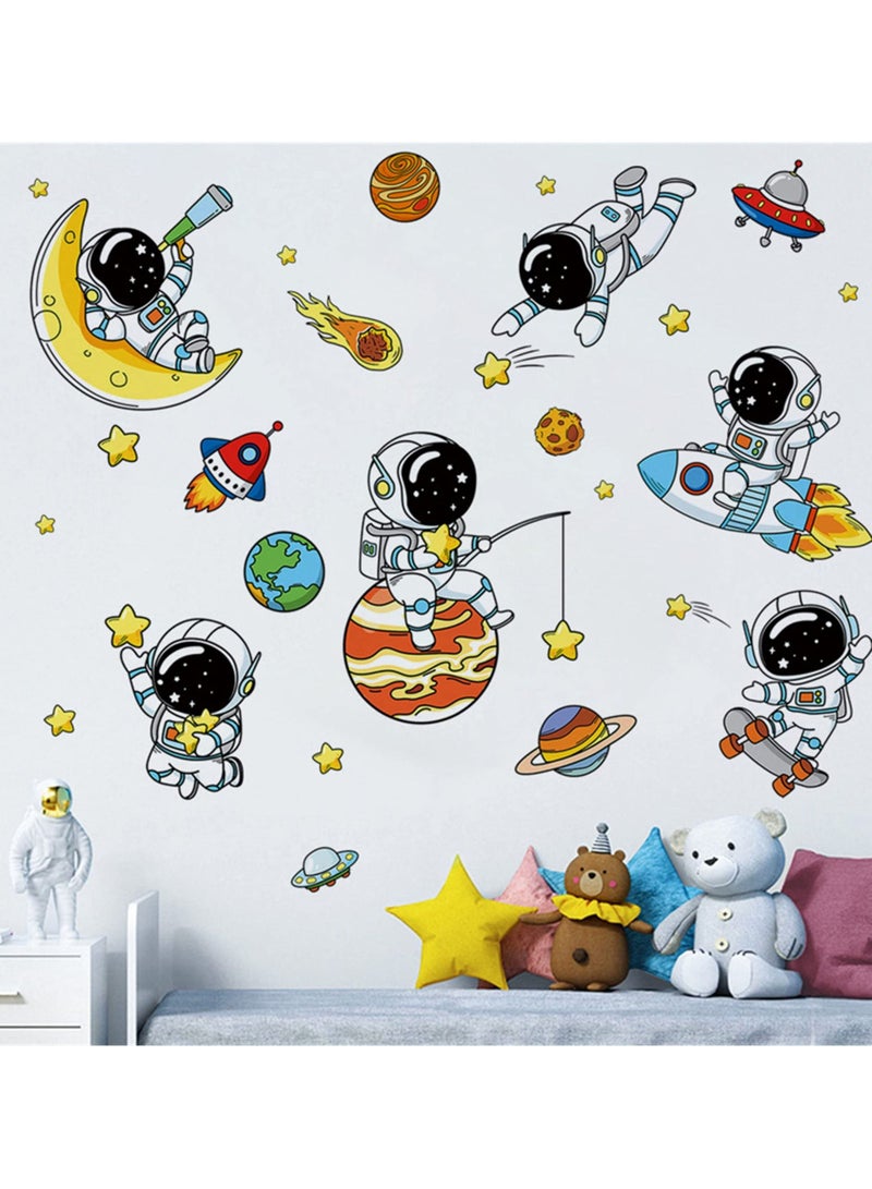 Lovely Astronauts and Planet Wall Decals, Universe Stars Sticker, Space Art Clings, Removable Vinyl Stickers For Nursery, Living Room, Bedroom, TV Sofa Background Decoration Murals