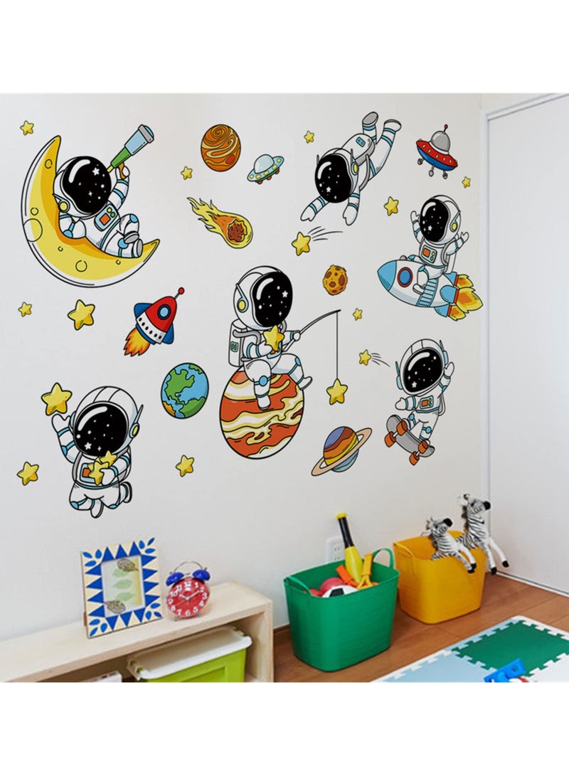 Lovely Astronauts and Planet Wall Decals, Universe Stars Sticker, Space Art Clings, Removable Vinyl Stickers For Nursery, Living Room, Bedroom, TV Sofa Background Decoration Murals