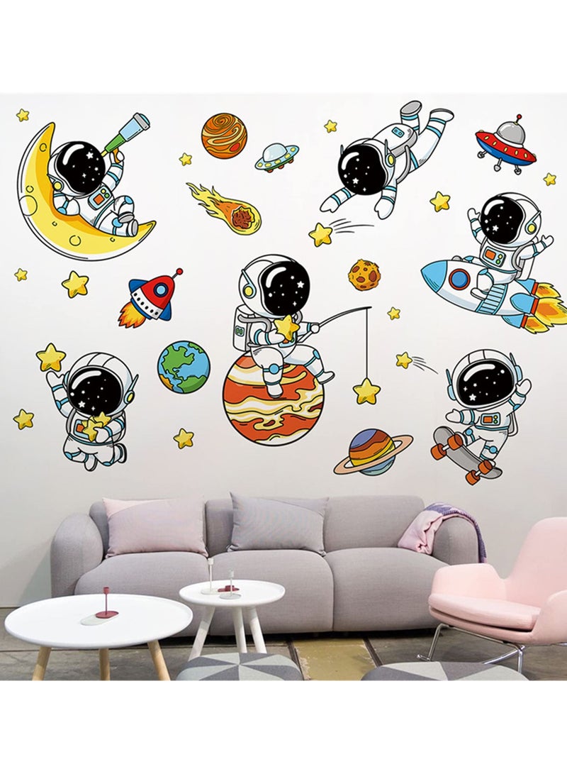 Lovely Astronauts and Planet Wall Decals, Universe Stars Sticker, Space Art Clings, Removable Vinyl Stickers For Nursery, Living Room, Bedroom, TV Sofa Background Decoration Murals