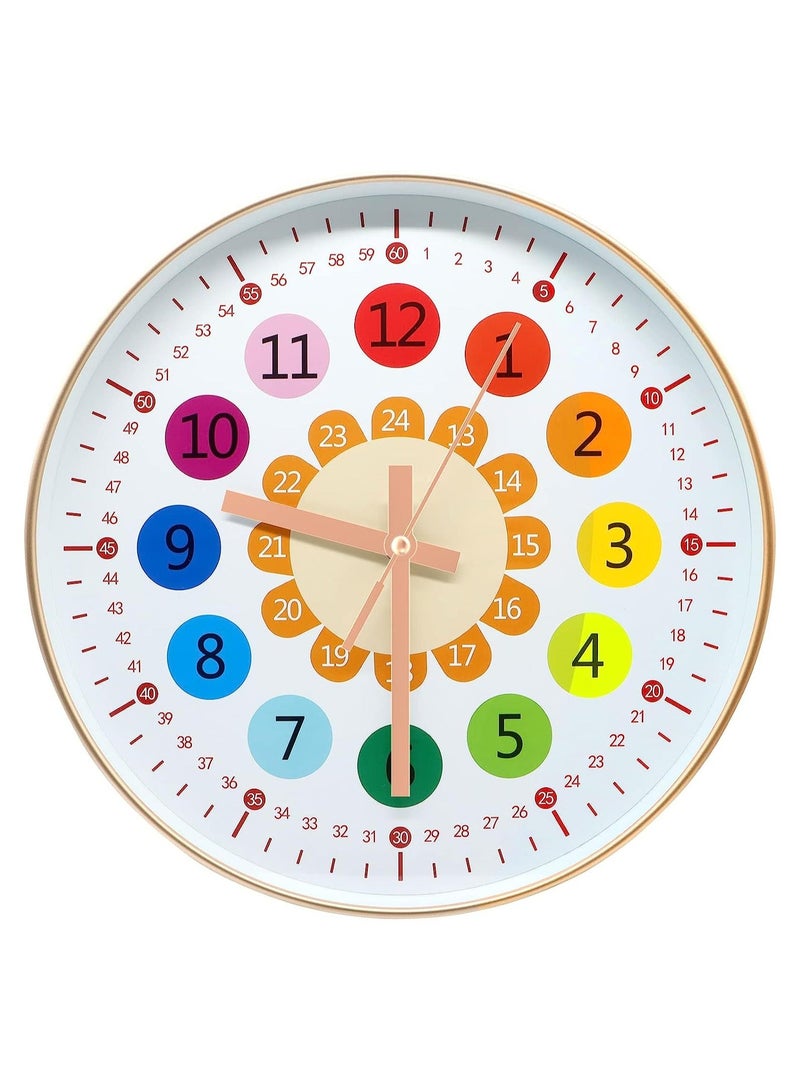 Learning Clock for Kids, Telling Time Teaching Clock, Kids Room Wall Decor, Silent Non Ticking Analog Battery Operated Room, Bedrooms, Playroom, School