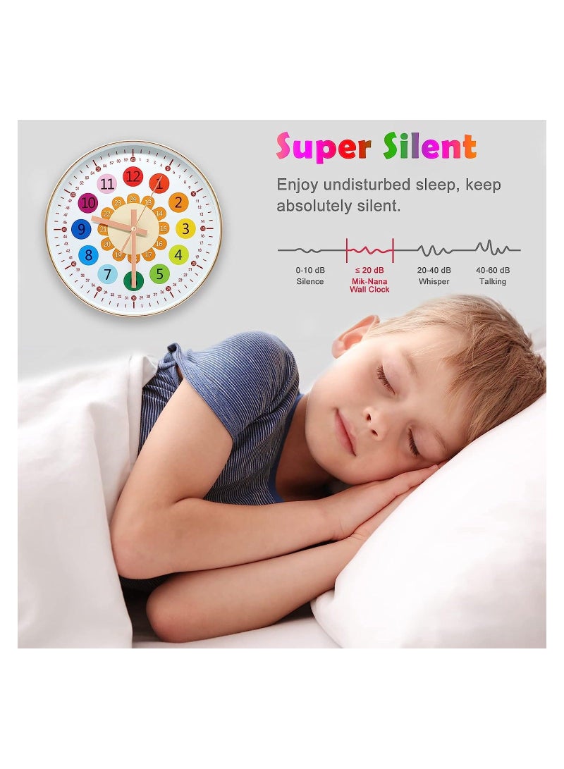 Learning Clock for Kids, Telling Time Teaching Clock, Kids Room Wall Decor, Silent Non Ticking Analog Battery Operated Room, Bedrooms, Playroom, School