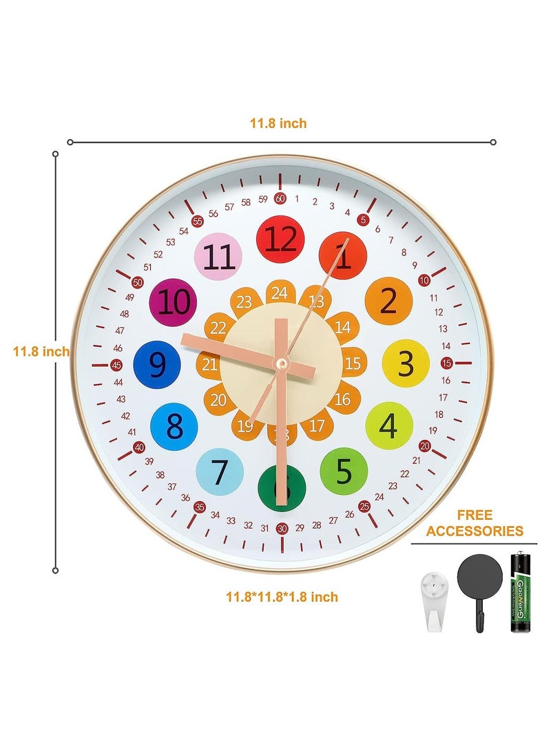 Learning Clock for Kids, Telling Time Teaching Clock, Kids Room Wall Decor, Silent Non Ticking Analog Battery Operated Room, Bedrooms, Playroom, School