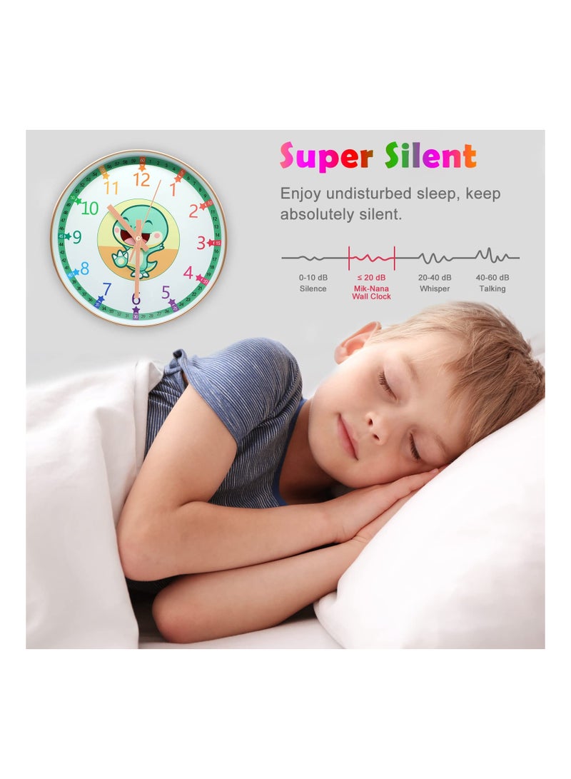 Learning Clock for Kids, Telling Time Teaching Clock, Kids Room Wall Clocks, Silent Non Ticking Learn to Tell Time Clock, Colorful Wall Clock for Kids Room, Bedrooms, Playroom, School (Dinosaur)