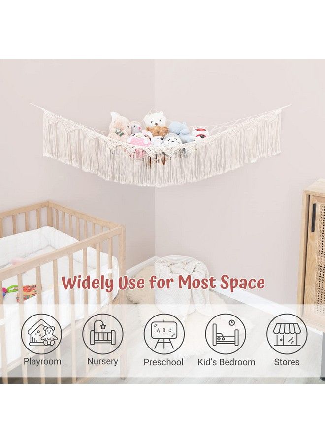 Stuffed Animal Hammock Macrame Toy Storage Organizer With Lights And Tassels Boho Hanging Stuff Animals Net Large Capability Corner Toys Display Holder For Nursery Kid Room Playroom 1 Piece