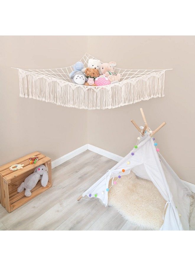 Stuffed Animal Hammock Macrame Toy Storage Organizer With Lights And Tassels Boho Hanging Stuff Animals Net Large Capability Corner Toys Display Holder For Nursery Kid Room Playroom 1 Piece