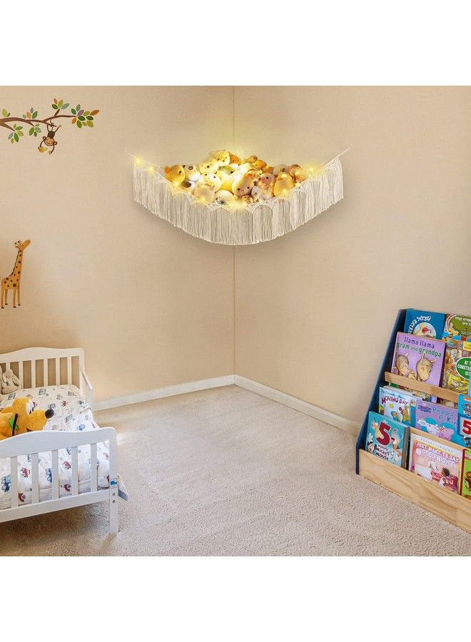Stuffed Animal Hammock Macrame Toy Storage Organizer With Lights And Tassels Boho Hanging Stuff Animals Net Large Capability Corner Toys Display Holder For Nursery Kid Room Playroom 1 Piece