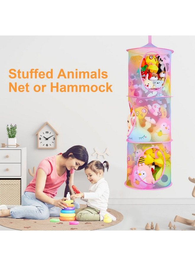 Stuffed Animals Net Or Hammock 2Pcs Hanging Stuffed Animals Storage 3 Compartments Toy Net Hammock For Stuffed Animals Organizer Mesh Stuff Animals Hammock For Kids Girls Room Rainbow