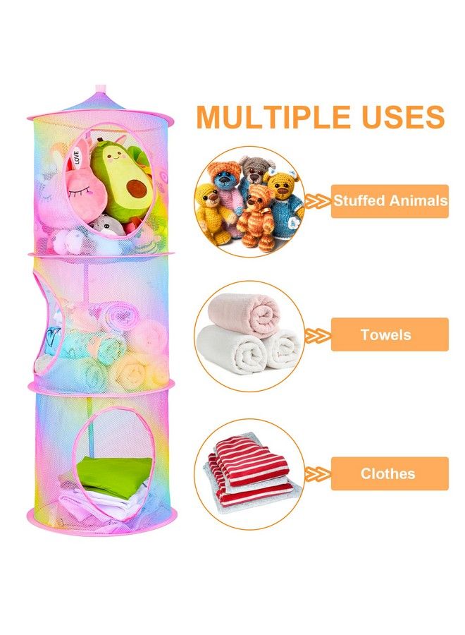 Stuffed Animals Net Or Hammock 2Pcs Hanging Stuffed Animals Storage 3 Compartments Toy Net Hammock For Stuffed Animals Organizer Mesh Stuff Animals Hammock For Kids Girls Room Rainbow