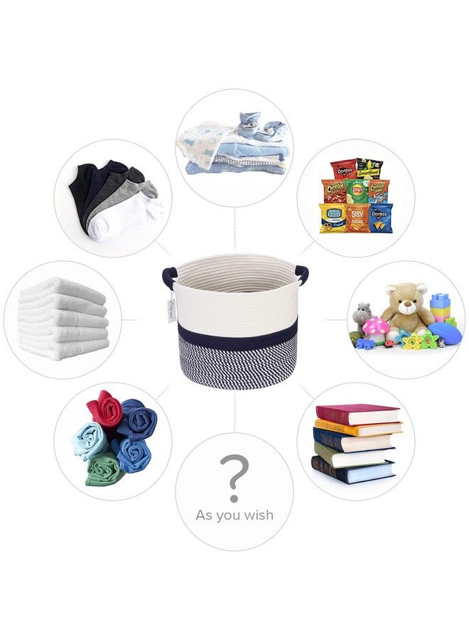 Oval Cotton Rope Storage Basket Collapsible Nursery Storage Box Container Organizer With Handles 16 X 13 Inches Off White And Dark Blue