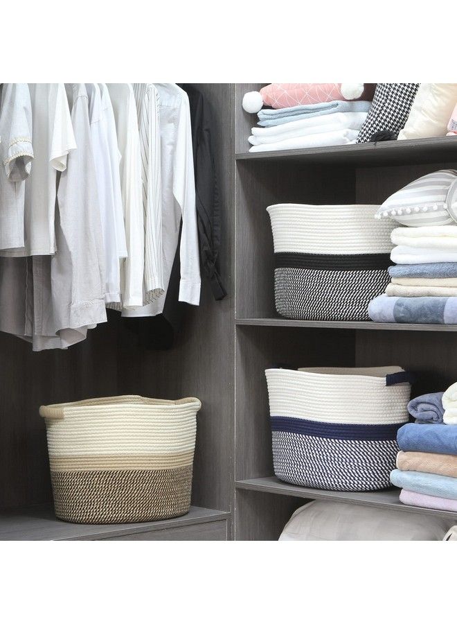 Oval Cotton Rope Storage Basket Collapsible Nursery Storage Box Container Organizer With Handles 16 X 13 Inches Off White And Dark Blue