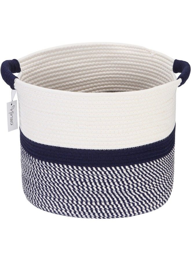 Oval Cotton Rope Storage Basket Collapsible Nursery Storage Box Container Organizer With Handles 16 X 13 Inches Off White And Dark Blue
