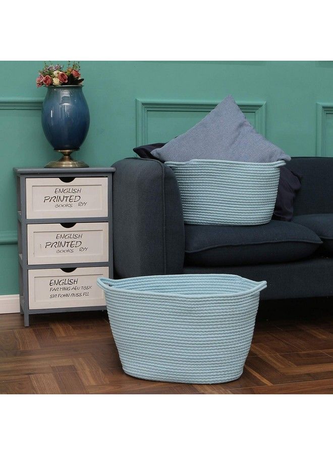 Oval Cotton Rope Woven Storage Basket With Handles Diaper Caddy Nursery Nappies Organizer Baby Shower Basket For Kid'S Room 12.2 X 8.7 X 9 Inches (Small Size Blue)