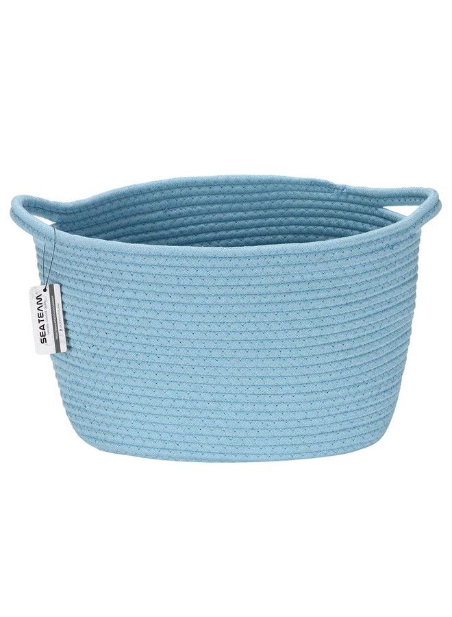 Oval Cotton Rope Woven Storage Basket With Handles Diaper Caddy Nursery Nappies Organizer Baby Shower Basket For Kid'S Room 12.2 X 8.7 X 9 Inches (Small Size Blue)