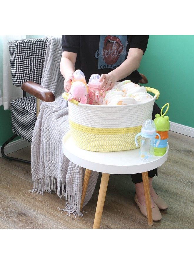Oval Cotton Rope Storage Basket Collapsible Nursery Storage Box Container Organizer With Handles 13 X 10 Inches Off White And Yellow