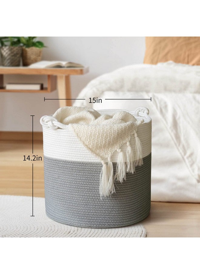 Cotton Rope Basket With Handle For Baby Laundry Basket Toy Storage Blanket Storage Nursery Basket Soft Storage Binswoven Basket 15'' × 15'' × 14.2'' Grey