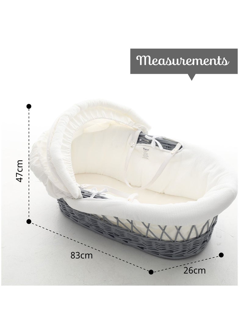 Infant Wicker Moses Basket With White Waffle Beddings - Wooden Grey
